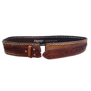 Nacona Belt CO. Leather Calf Hair Tooled Western Belt Large Women Unisex